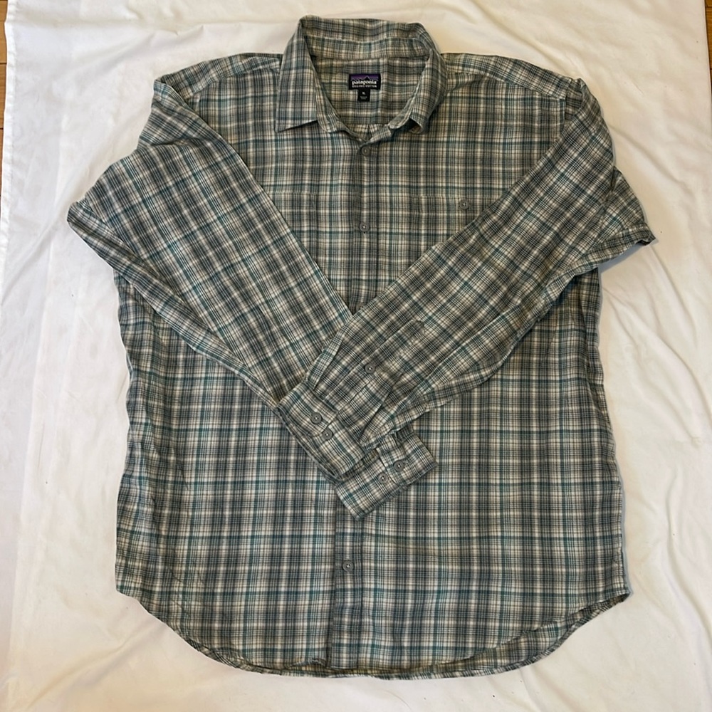 Mens Patagonia Organic Cotton Plaid Button Down Shirt, XL, Green